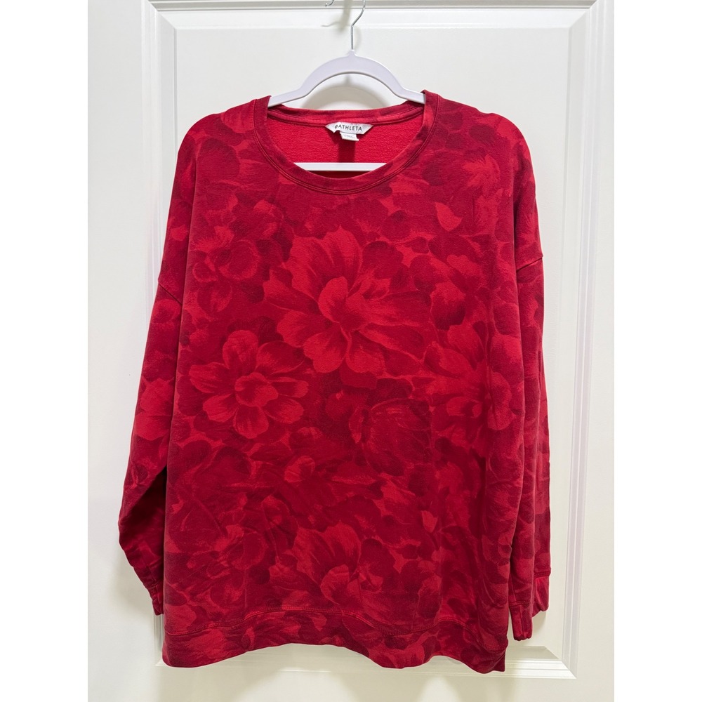 Athleta Red Floral Crewneck Sweatshirt XL Relaxed Fit French Terry Pullover